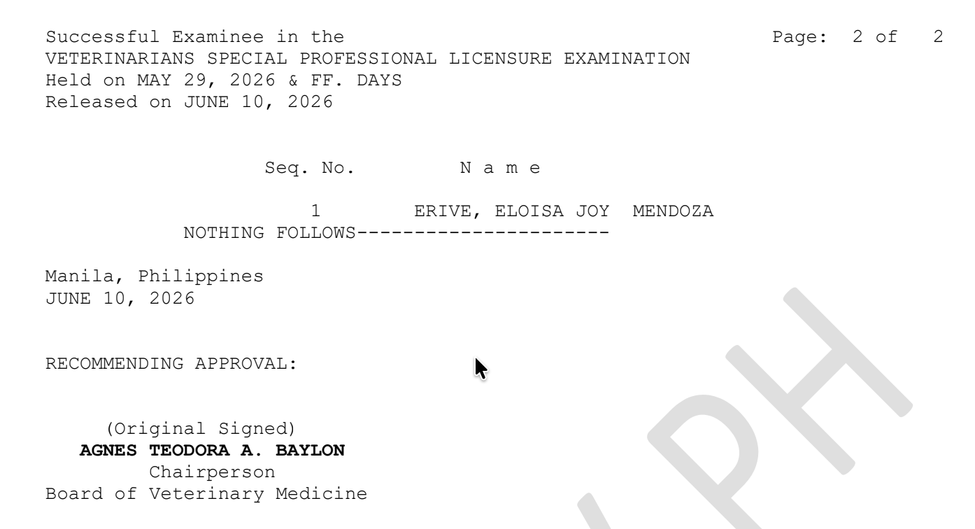 RESULTS: May 2026 SPLE for Veterinarians, List of Passers, Top 10