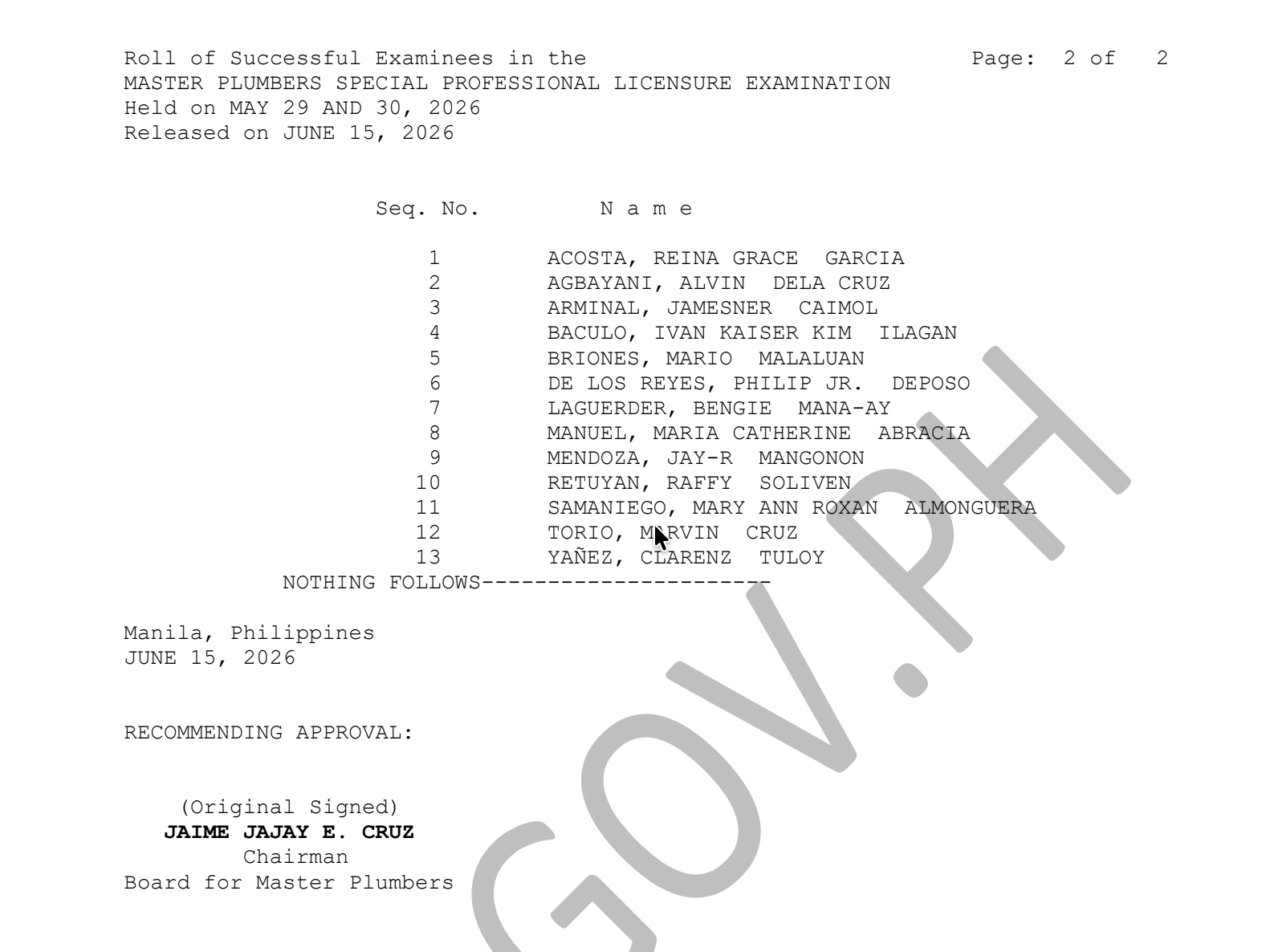 RESULTS: May 2026 SPLE for Master Plumbers, List of Passers, Top 10